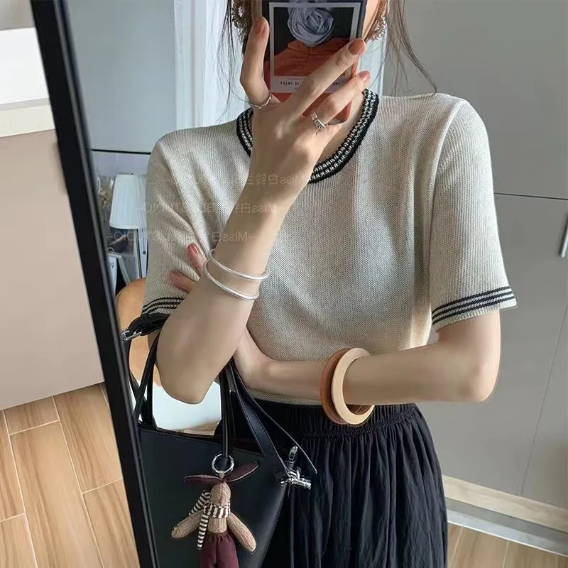 Fashionable ice silk short-sleeved sweater women's summer crewneck  matching thin loose T-shirt version the thin half sleeve top