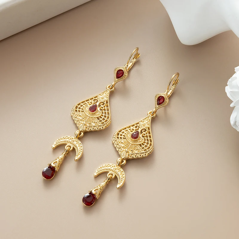 

Vintage Gold-Plated Hollow Teardrop Earrings,Rhinestone Inlay&Moon Tassel Design,Elegant Ethnic Jewelry For Festivals&Daily Wear