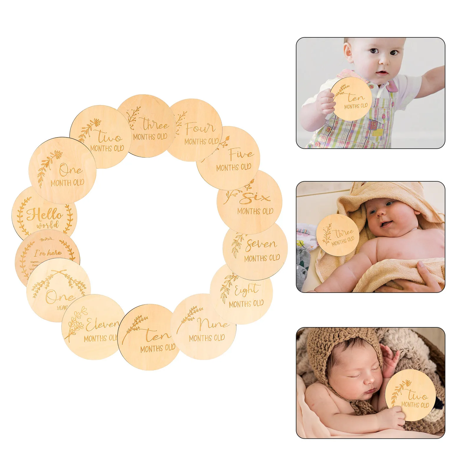 14Pcs Wooden Monthly Milestone Cards for Babies Natural Trackers Newborn Photography Props Infant