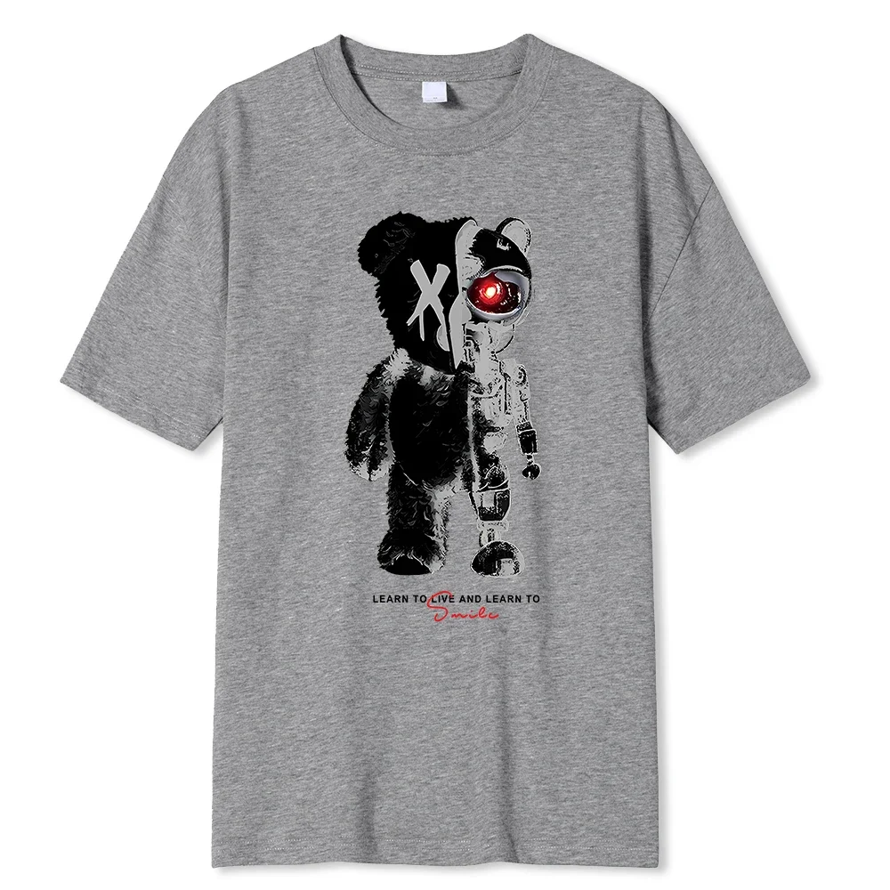 Half A Teddy Bear, Half A Robotic Bear Printed Mens Tshirt Casual Cotton Summer Clothes Breathable Tops Loose Fashion T-Shirt