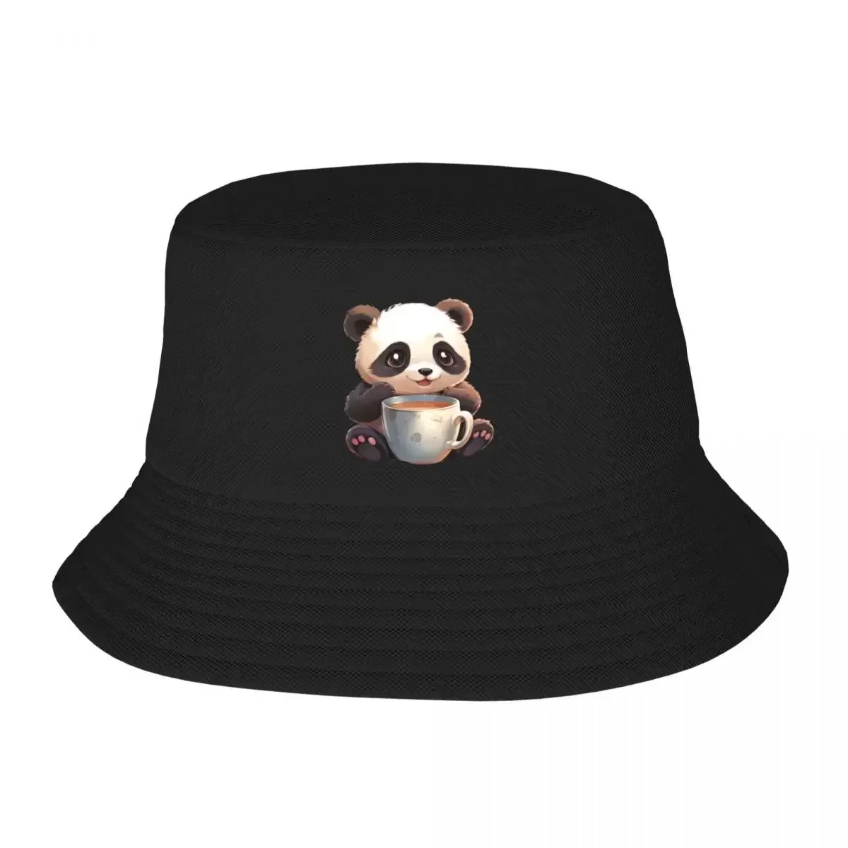 Cute panda with coffee Bucket Hat Custom Cap Trucker  Luxury  Man  Women's，Bucket hat