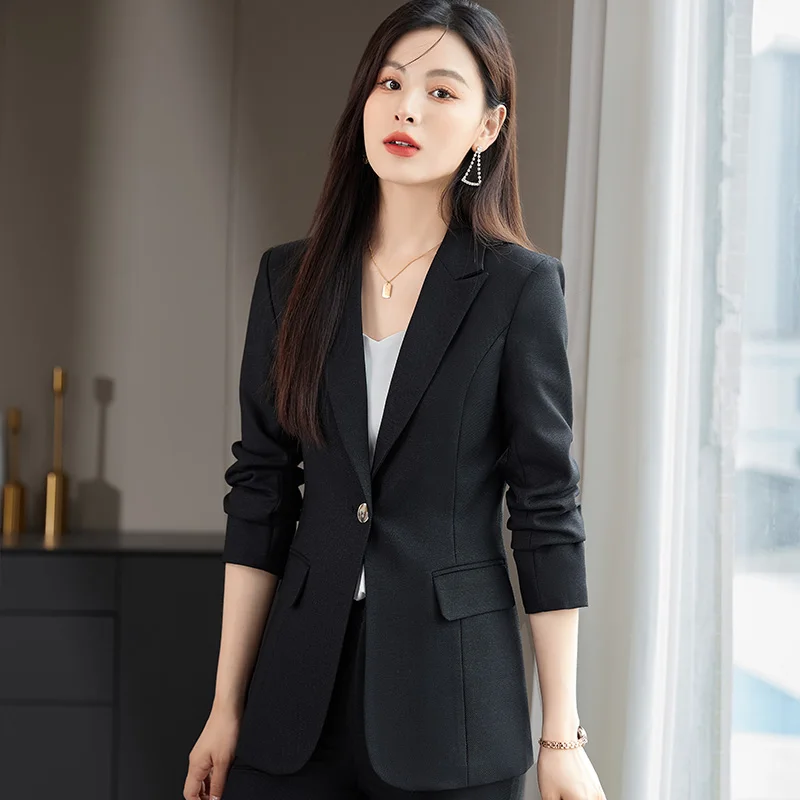 S-4XL Formal Solid Suit for Women 2023 New Double Breasted Notched Office Wear Women High Waisted Slim Pants 2 Piece Set