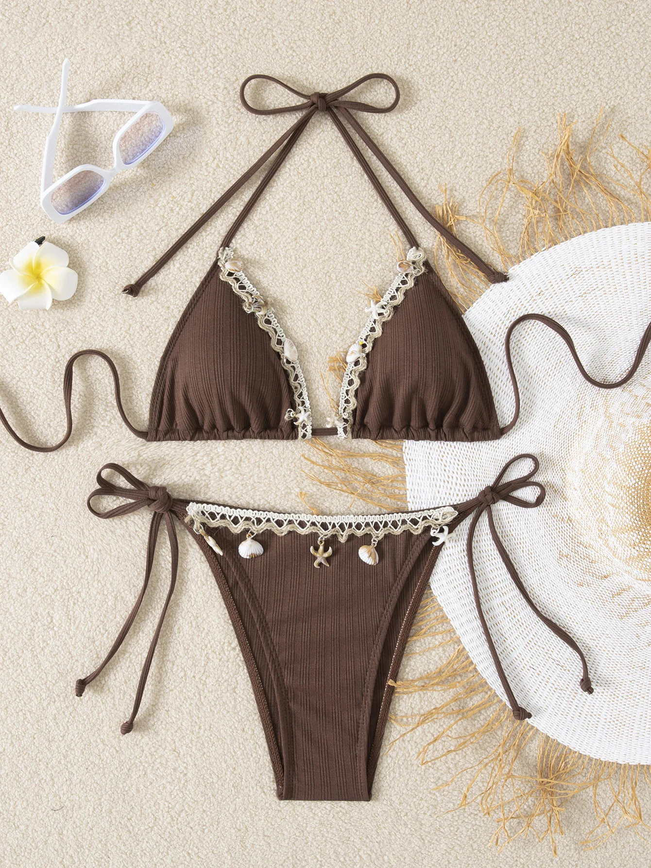 

Украшение в виде ракушки, ребристый Холтер на бретельках, бикини, женский купальник, женский купальник, комплект бикини из двух частей, купальный костюм, купальный костюм для леди