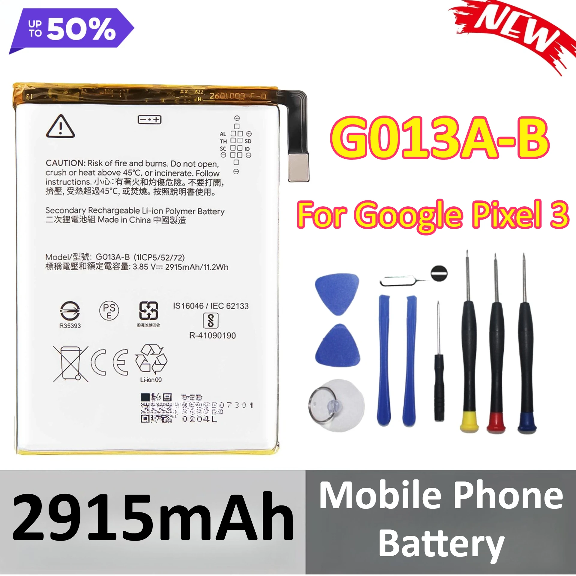 

G013A-B 2915mAh Replacement Lithium Battery for Google Pixel 3 Mobile Phone Battery +Tools