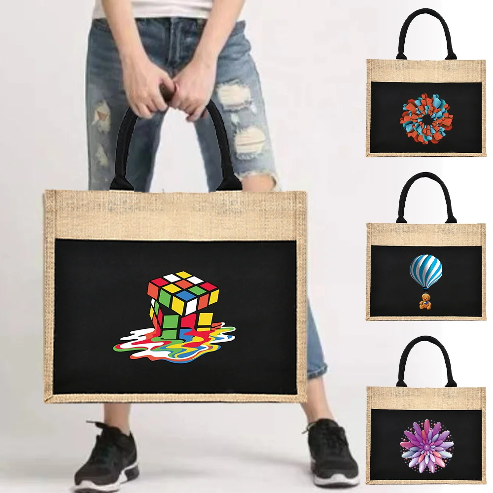 Linen Bag Hand-painted Cotton Sacks Jute Portable 3D Print Imitation Sacks Linen Bags Black Fashion Shopping Bags Laminated Bags