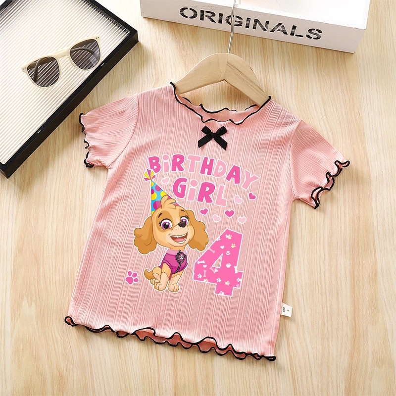 

PAW Patrol Child Short Sleeve T-shirt Skye Birthday Numbers Print Ice Silk Tops Girls Cartoon Summer Casual Tees Kawaii Clothing