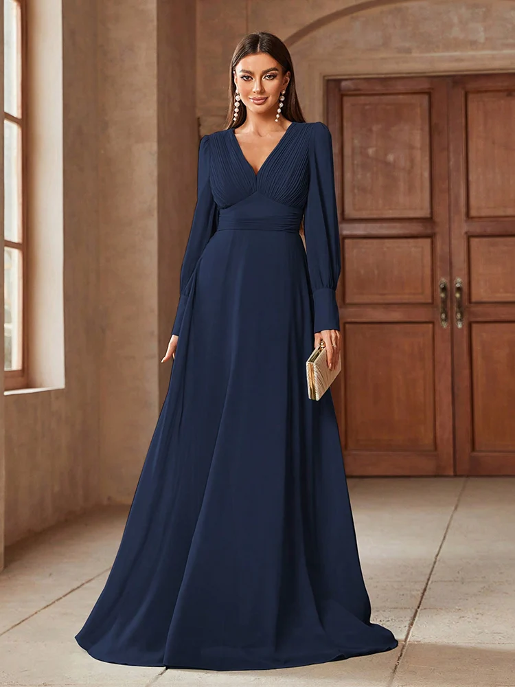 TOLEEN 2024 New Spring Summer Luxury Elegant Formal Party Evening Clothing Women\'s Simple V-Neck Solid Color Long Sleeve Dresses