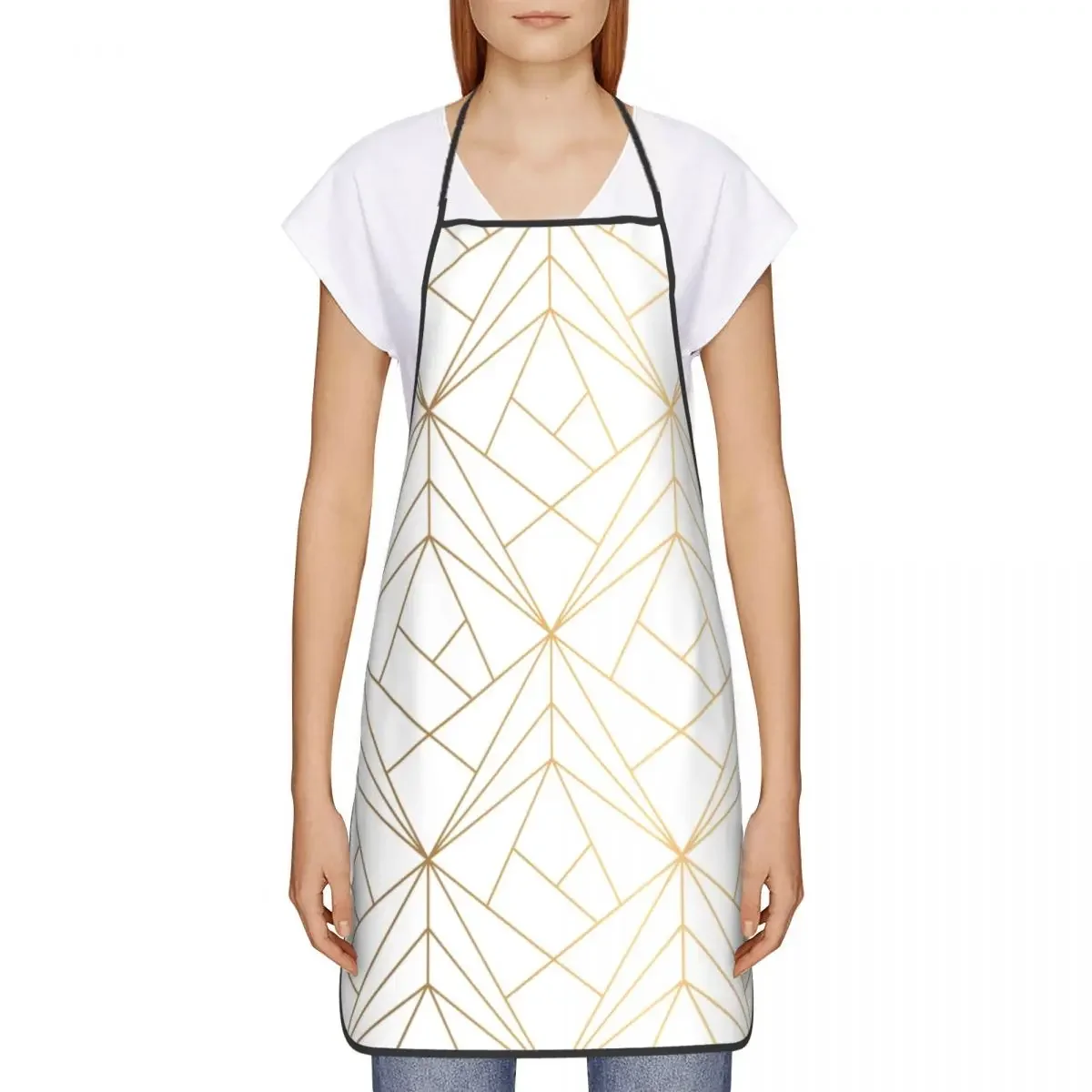 Geometric Gold Pattern With White Shimmer Kitchen Chef Cooking Baking Apron Women Men Abstract Tablier Cuisine for Gardening