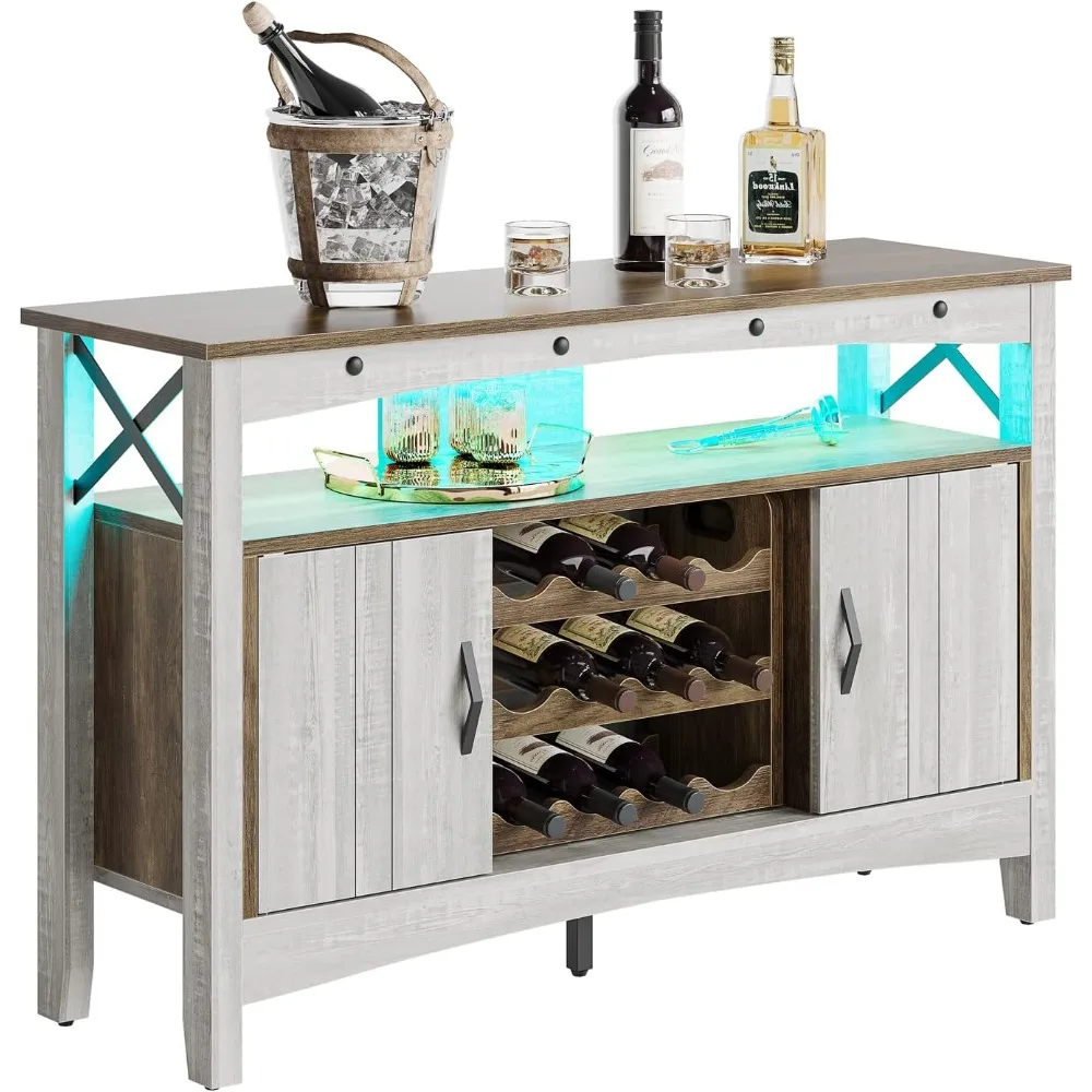 Wine Bar Cabinet with Detachable Wine Rack, Farmhouse Coffee Bar Table with LED Lights & Adjustable Shelves, Sideboard Cabinet