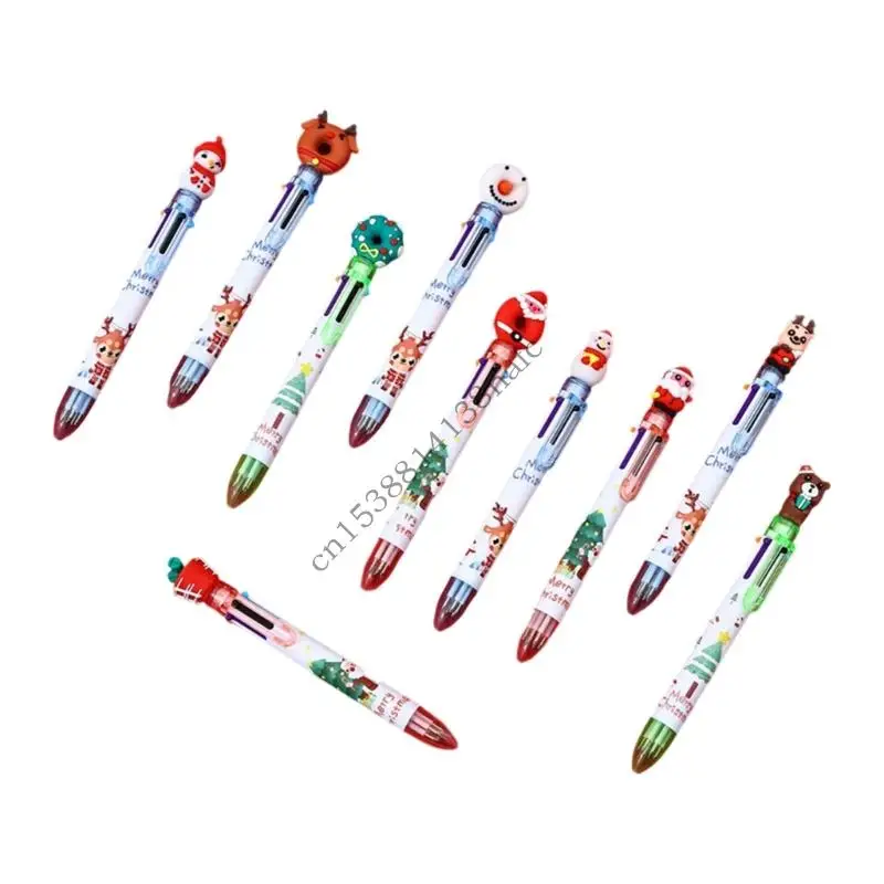 

594F 10Pcs Christmas Multicolored Pen 6 Color-in-1 Writing Pens Retractable Colored Ballpoint Pen for Color Coding Journaling