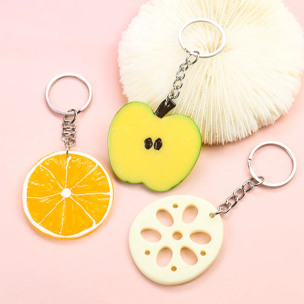 Emulation Fruit Green Apples Orange Lemon Lotus Root Resin PVC Key Rings Funny Purse Backpack Charm Dangle Keychain Jewelry Gift