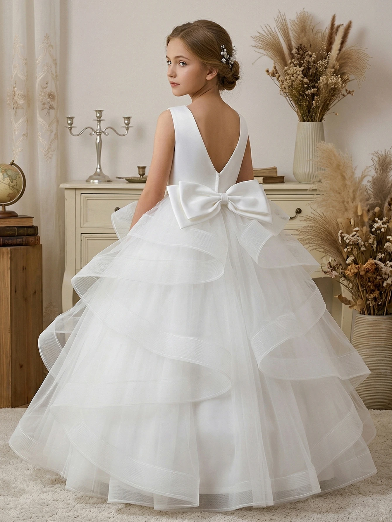 Flower Girl Dress,Tween Girl White Mesh Long Skirt Evening Dress,Bridesmaids Dresses,Birthday Parties,Weddings,Special Occasions