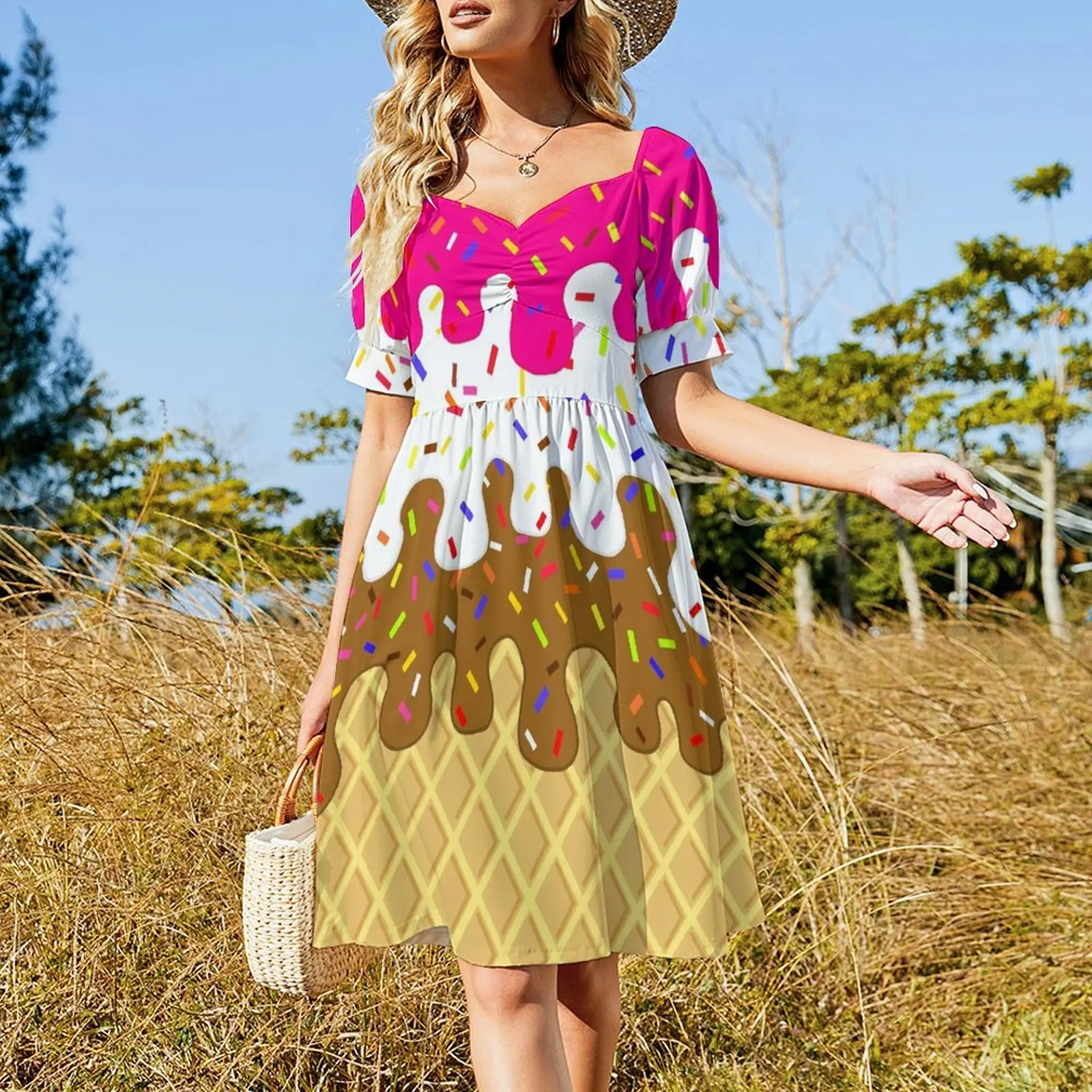 Waffle Cone Neopolitan Ice Cream With Sprinkles- Short-Sleeved Dress Long dress Women's skirt women's evening dresses