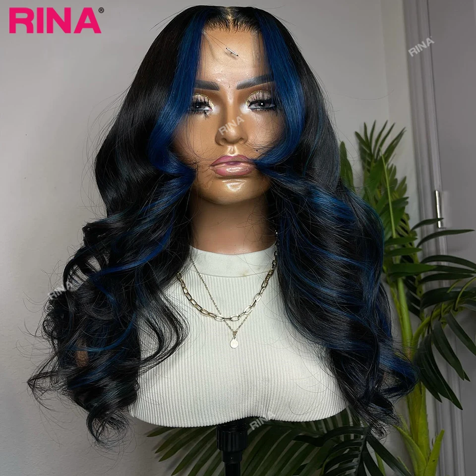 Highlights Blue Human Hair Wigs 13x6 Lace Frontal Wig Omber Blue Brazilian Body Wave Transparent Lace 5x5 Lace Closure Wig