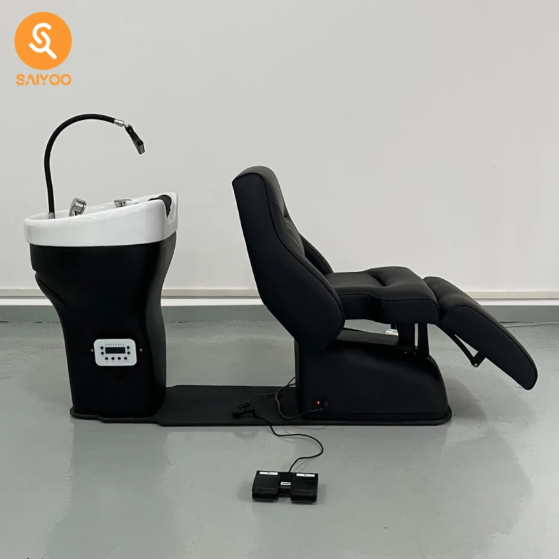 2026 Salon Shampoo Bed Recline Shampoo Chair Adjustable Barber Chair Hydraulic Pump Ceramic Basin for Barber Salon Furniture