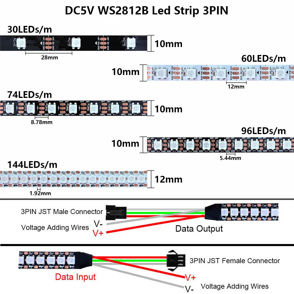 5V WS2812 WS2812B RGB Led Strip 30/60/74/96/144 Leds/m Black White PCB IP30 IP65 IP67 Individually Addressable IC Led Light Tape