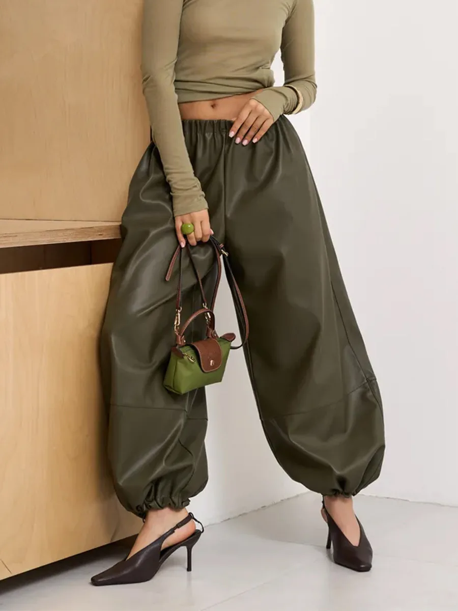 Bornladies feminino 2025 outono inverno pu lanterna calças elegante preguiçoso cordão casual exército verde perna larga calças de couro