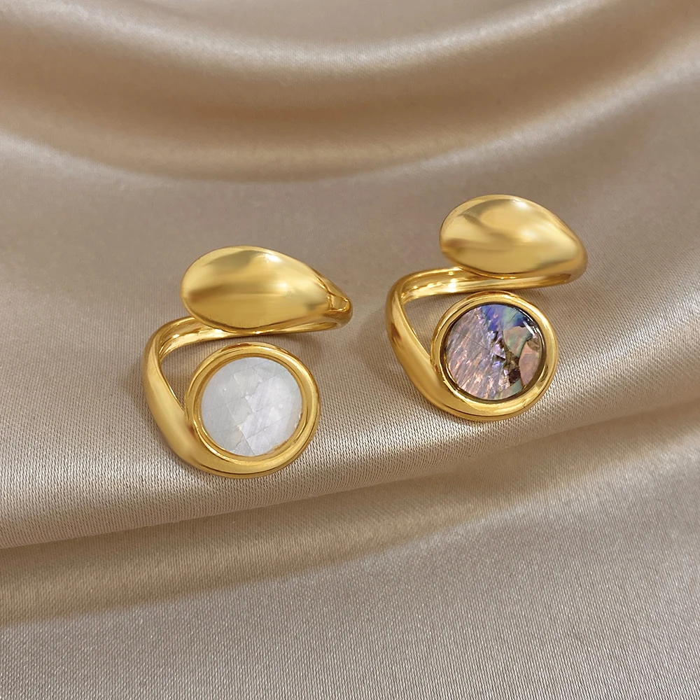 Chic Abalone Shell Geometric Twisted Open Ring for Women Irregular Curved Gold Plated Stainless Steel Finger Rings Party Jewelry - view 4