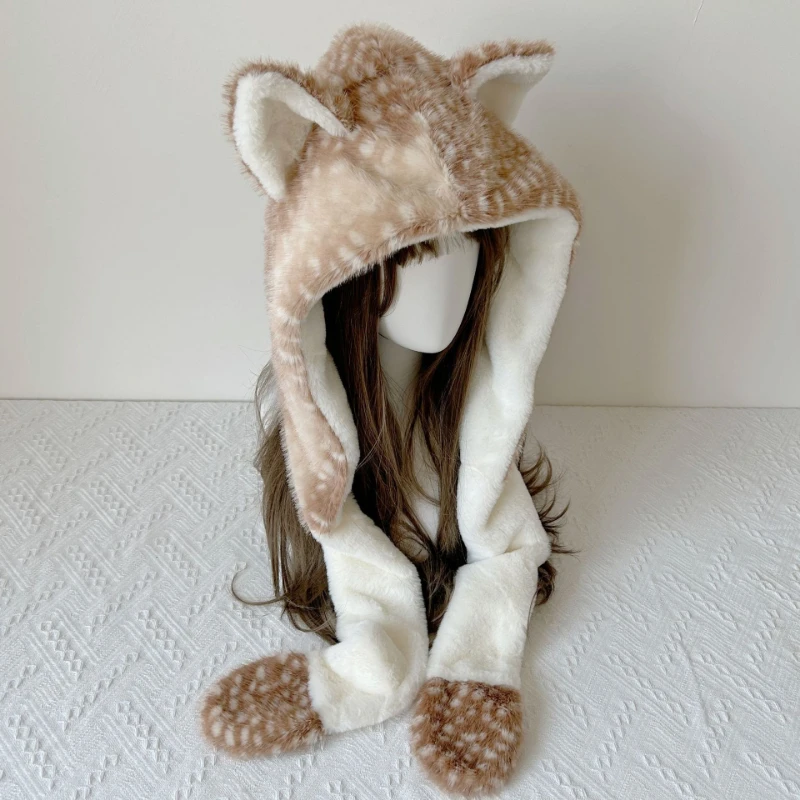 Winter Plush Spotted Deer Ear Earflap Hat, Women Thick Warm Hooded Scarf