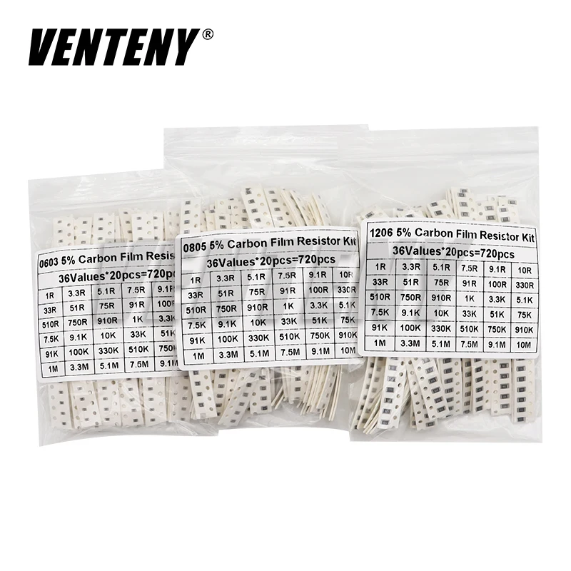 720pcs 5% 0603 0805 1206 SMD Chip Resistor Assorted Kit 1 ohm - 10M 36valuesX20pcs=720pcs Resistance Sample set