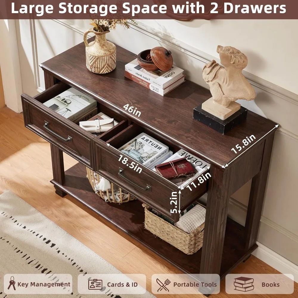 Rustic Wooden 2-Drawer Console Table with Open Shelf, Large Mid-Century Entryway Storage Furniture