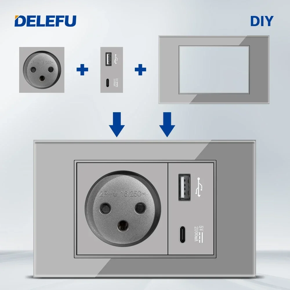 DELEFU Israel Multi-function Free Combination Computer USB Type C Wall Socket DIY Gray