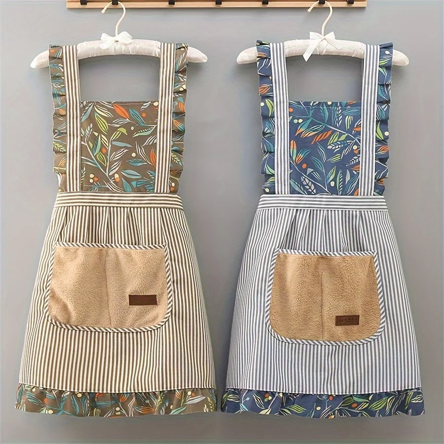 1 kitchen fashion apron, anti-fouling vertical stripe large pocket wipe hands Princess suspenders apron, work clothes waist