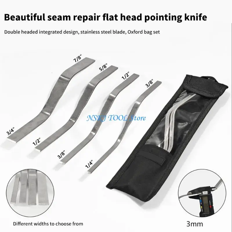 L8rc pacote 4 espátulas cabeça plana dupla aço inoxidável conjunto com saco armazenamento oxford pvc 3/8