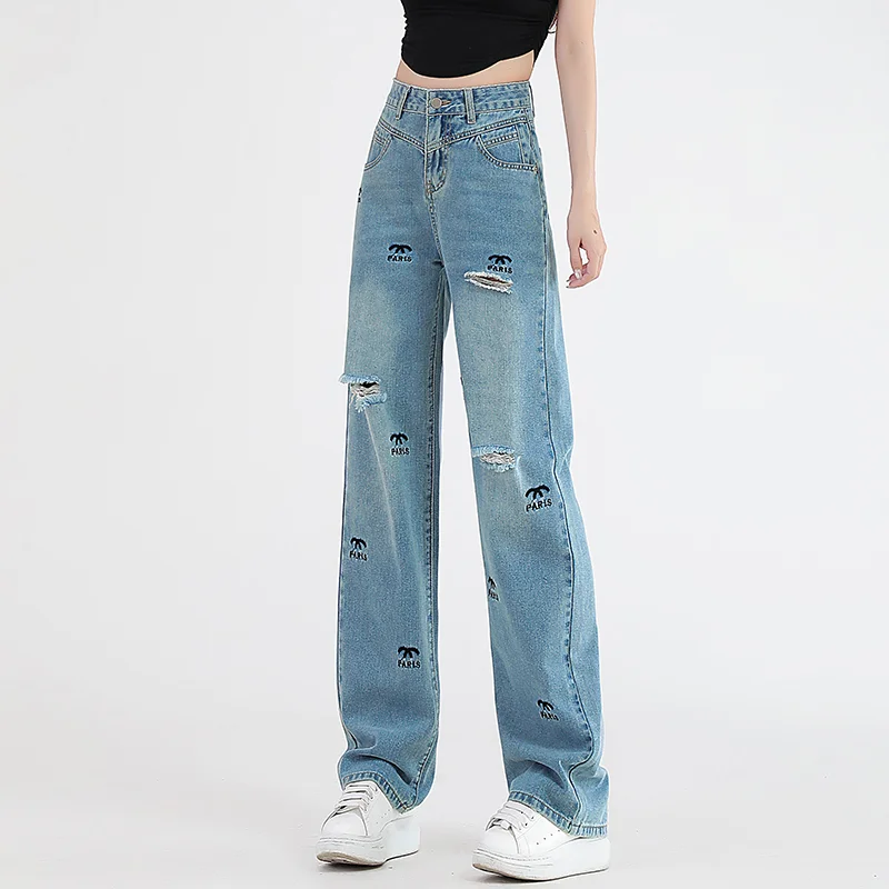 Pantalones vaqueros de barril recto perforados para mujer, Jeans de cintura alta, bordados, estrechos, pierna ancha, arrastre de piso, azul Retro, nuevo