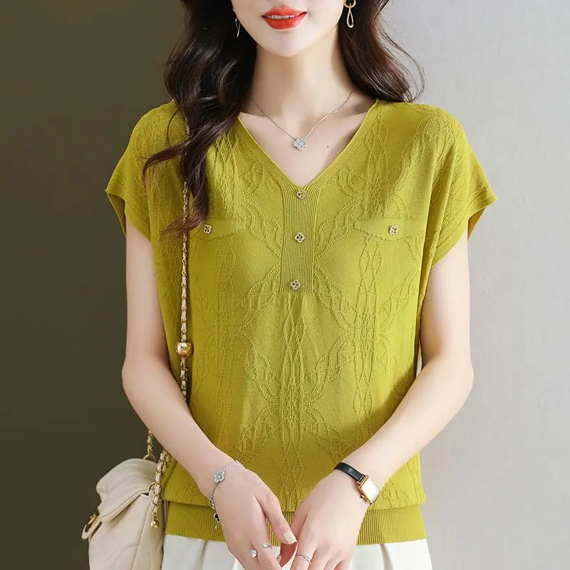 Women Monochromatic V-neck Short Sleeve T-Shirt, Loose Tops, Casual Clothing, Office Lady, All-match, Simplicity, Summer Fashion