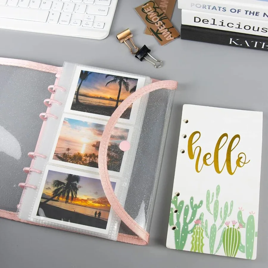 Pink A6 Binder 6 Ring Glitter PVC Budget Binders with Sp Button Closure Loose Leaf Notebook Shell for Photocard Album Cash Enve