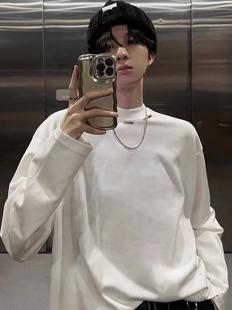 

American Sle White Cotton Long Sve Crew Ne Sweatirt Men's Loose Fit Autumn Base irt Inner Wear Casual Youth Faion