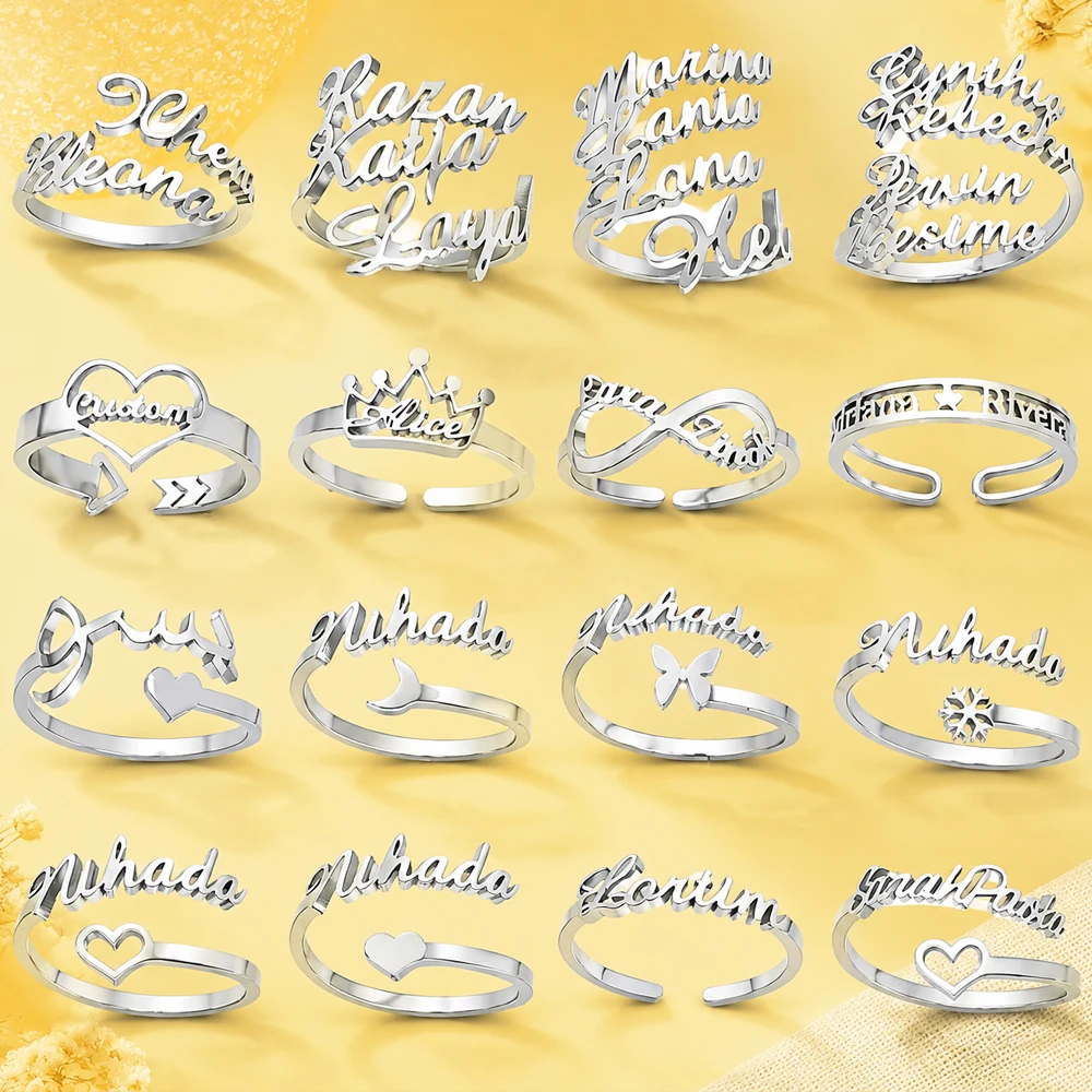 Custom Nameplate Ring 14 Different Styles Butterfly/Heart Symbol Ring Stainless Steel Personalized Name Ring Jewelry For Women