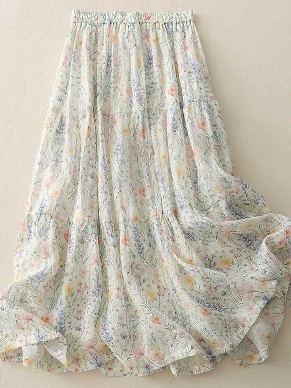 

Женская хлопково-льняная юбка-миди А-силуэта с цветочным принтом, двухслойная, асимметричная, многоярусная, со средней талией, в винтажном стиле
