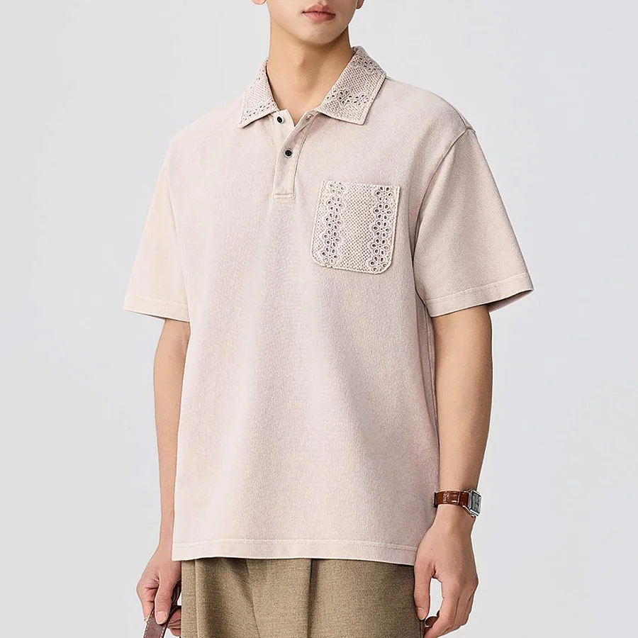 Lace Collar Pocket Polo Shirt Men Summer Fashion Vintage Loose Casual Short Sleeve T-shirt Male Streetwear Modeling T Shirt Tops