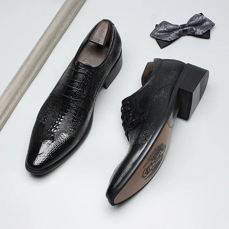 Genuine Full Grain Leather Men's Polished Business Formal Leather Shoes Embossed Trendy Casual Mens Dress Shoes