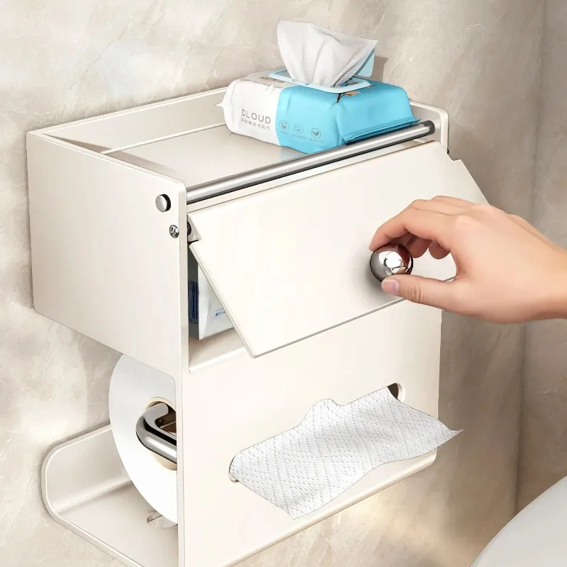 Toilet Paper Holder No Drill, Metal Wall Mounted Tissue Dispenser with Storage Box, Waterproof Bathroom for Multi-Direction Pull