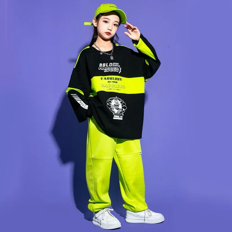 Trajes de baile de Jazz, ropa deportiva de monopatín de otoño, disfraz de Hip Hop para niños, ropa deportiva verde adecuada para exteriores