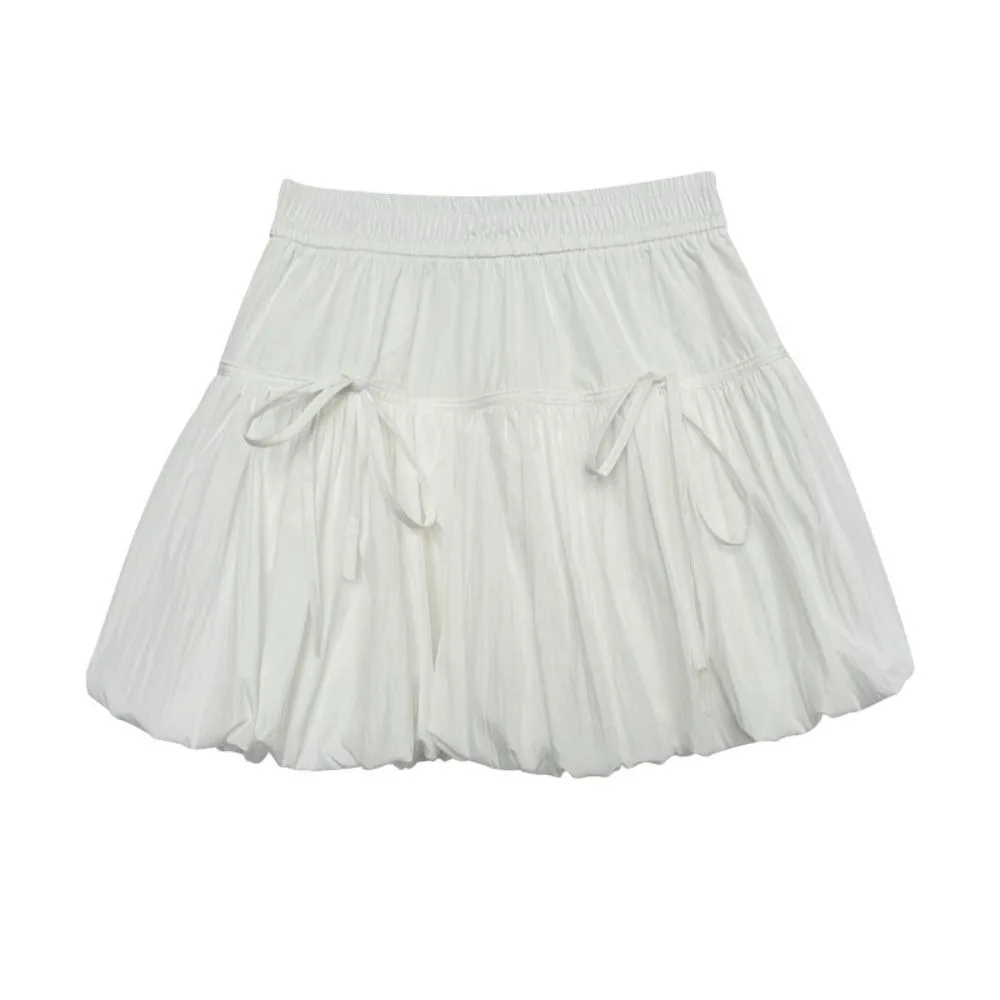 Cute Polyester Bubble Skirt High Waist Cut Bow Decorated Bow Half Skirt Bud Shape Hem Puffy Silhouette High Waist Skirt Women