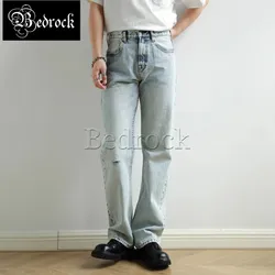 MBBCAR 14 oz Vintage 80s Casual Light Blue One Washed Straight Leg Jeans Knee Hole Selvedge Denim Ripped Pants