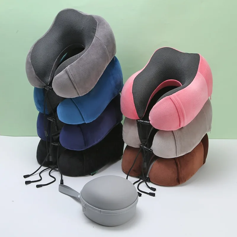 U-shaped memory pillow solid color simple neck pillow slow rebound office nap pillow buckle design can be stored neck pillow