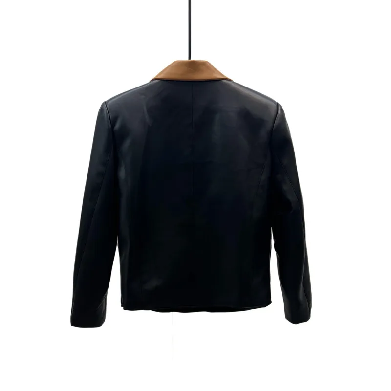 WVGA Spring Autumn New Men Stylish Color-block Long Sleeved Short Leather Jacket Niche Chic Casual Turn-Down Collar Coats W28615