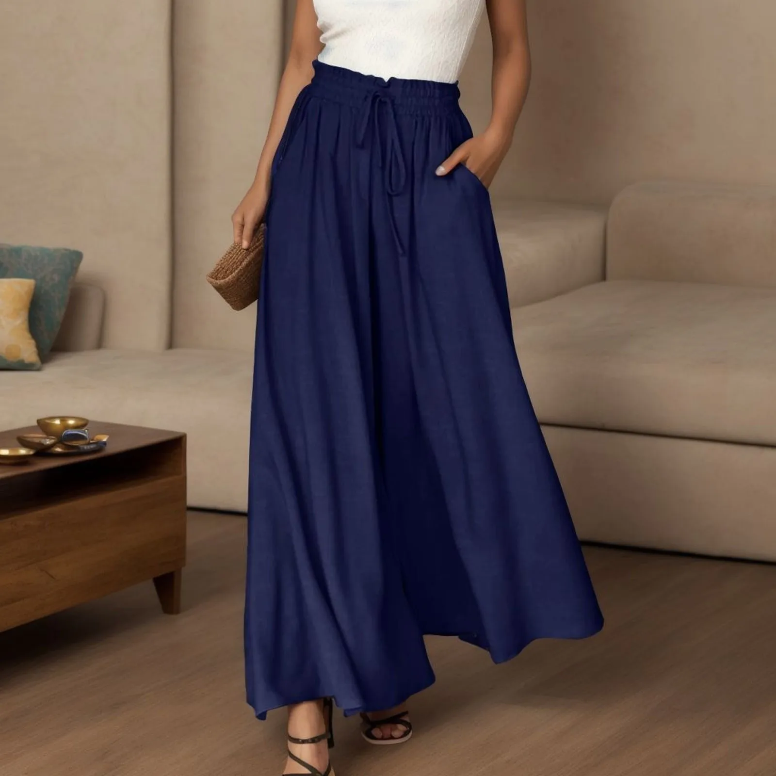 Womens Casual Solid Color Wide Leg Pants Flowy Drape Ruffle Drawstring Waist Long Pants Women Casual Pants Elastic Waist