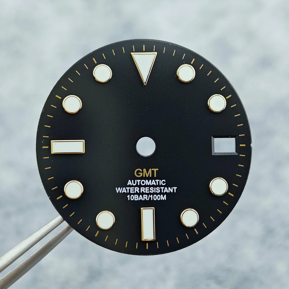 28.5 مللي متر NH34 الطلب ساعة الطلب أسود أزرق أخضر أزرق أحمر برتقالي GMT نص أسود ذهبي روز حافة لحركة NH34 C3 مضيئة