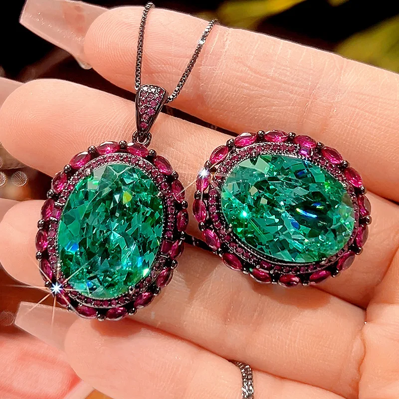 

Charms Vintage Oval Emerald Green Gemstone Jewelry Adjustable Ring Red Crystals for Women Fashion Party Wedding Anniversary Gift