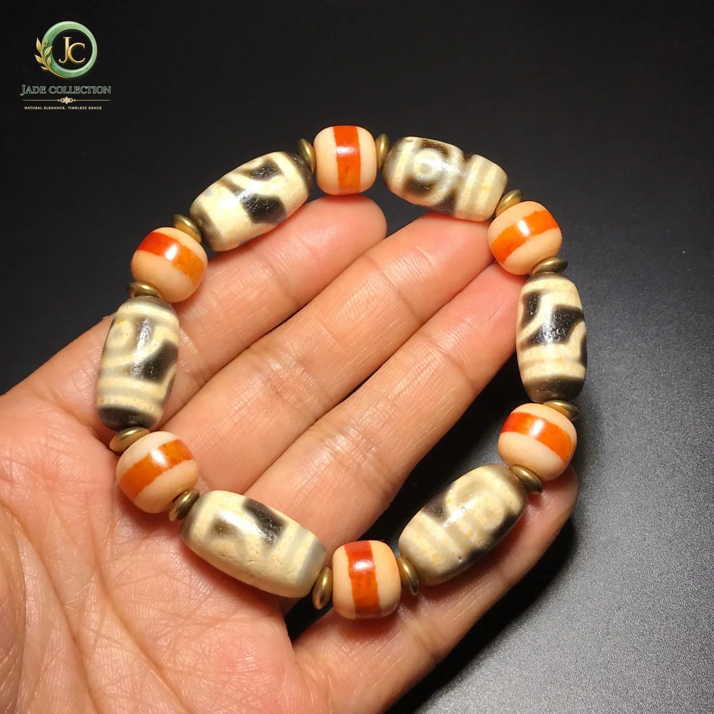 Rare Tibetan Old Agate Dzi *2 Eyes 1 Lines* Bead Amulet Bracelet J0327