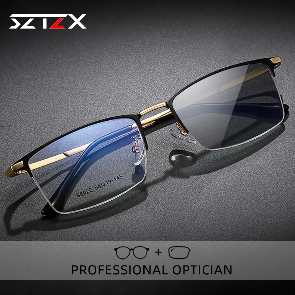 SZTZX Men Business Half-Frame Reading Glasses Photochromic Anti Blue Ray Myopia Glasses Hyperopia Prescription Eyeglasses Frame