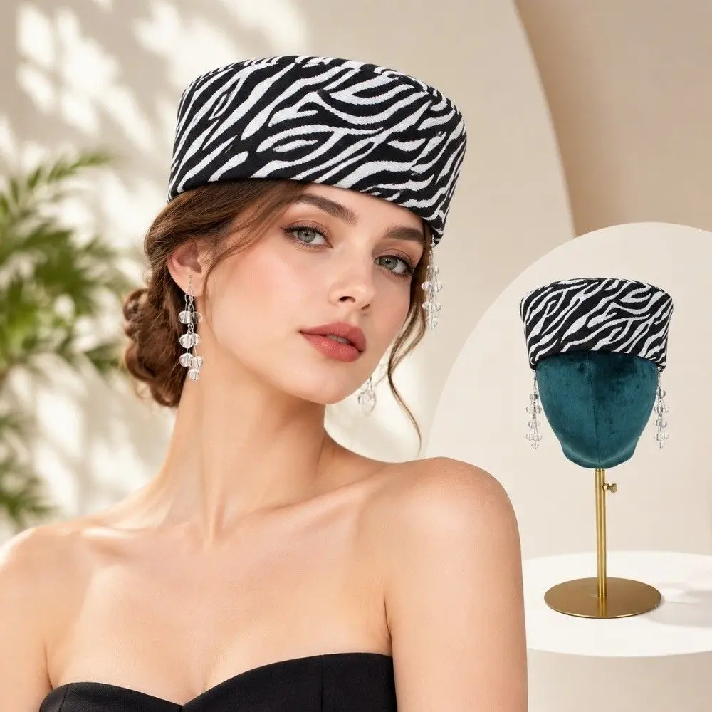 Lightweight Zebra Print Beret Hat Soft Structured Round Top Air Hostess Hat Warm Women Pillbox Hat Party Wedding Travel Formal