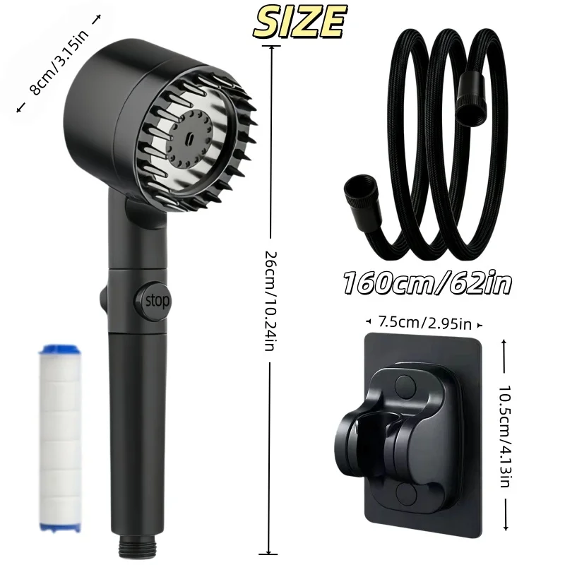 Black/Purple Medium High Shower Head Set,3‑Mode One‑Key Water Stop,62in (160cm) Braided Hose,No‑Drill Bracket,10Pcs Filters
