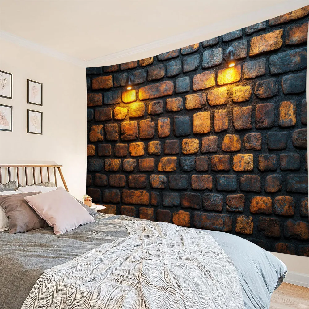 Retro Illuminated Brick Wall Tapestry Light-Up Bedroom Art Home Wall Hanging Blanket Background Bed Sheet for Bedroom Decor